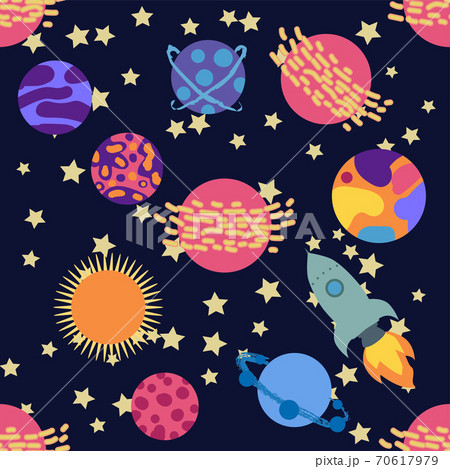 Seamless space pattern. Planets, rockets and stars. Cartoon spaceship icons. Kid's elements for scrap-booking. 70617979