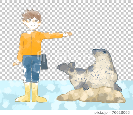 Illustration of a keeper doing a seal show at the aquarium 70618063