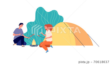 Outdoor relax. Hiking, eco tourism camping. Couple with tent and fire cooking sausages. Happy travellers vector characters Outdoor relax. Hiking, eco tourism camping. Couple with tent and fire cooking sausages. Happy travellers vector characters 70618637