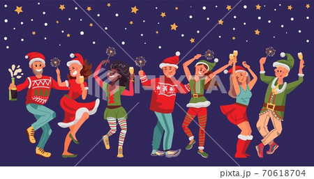 Christmas festive people. Fun woman man, young friends dance on new year party. Happy person with drinks sparklers celebrate xmas vector set 70618704