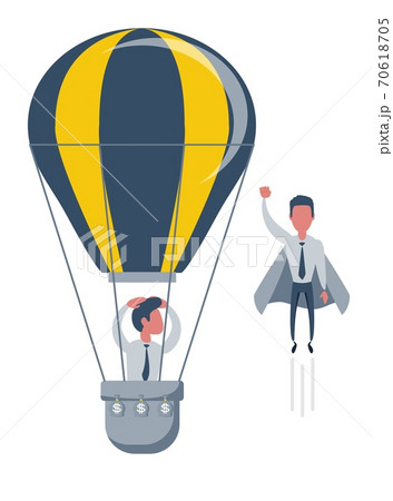Businessman superhero fly pass Businessman in hot air balloon. Business competition concept 70618705
