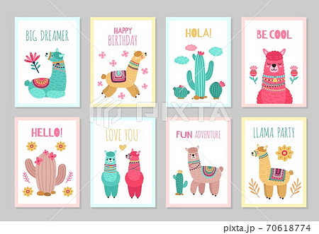 Llama cards. Beautiful invitations, alpaca flower colorful birthday invites. Babies kids posters with cactus cute wild animals vector set 70618774