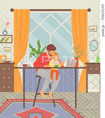 Father feeds baby in bib, sitting at table. Laptop on the table, time for lunch. Flat vector image Father feeds baby in bib, sitting at table. Laptop on the table, time for lunch. Flat vector image 70620145