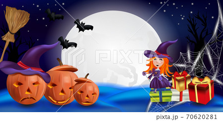 Happy Halloween party. Orange pumpkins with a hat, little witch with presents, cobweb, bats, and realistic broomstick. Characters Halloween. Vector illustration Happy Halloween party. Orange pumpkins with a hat, little witch with presents, cobweb, bats, and realistic broomstick. Characters Halloween. Vector illustration 70620281