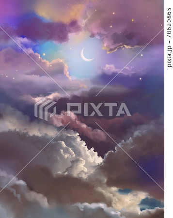 夢かわいいカラフルな雲と綺麗な三日月の風景画のイラスト素材