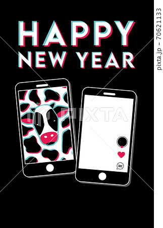 年賀状テンプレート　フォトフレーム　　丑年　イラスト　牛　happy new year　スマホ 70621133