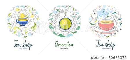 A cup of tea in the hand. Continuous line. Circular composition.Vector set. 70622072