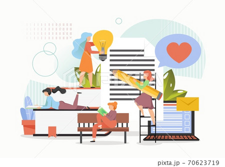 Literature and culture, poetry art. Tiny people poets writing poems, vector flat illustration 70623719