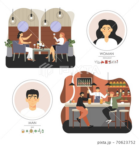 People talking, drinking wine, beer in cafe, pub, vector flat illustration 70623752