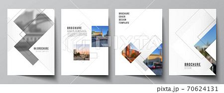 Vector layout of A4 format cover mockups design templates with geometric simple shapes, lines and photo place for brochure, flyer layout, booklet, cover design, book, brochure cover. Vector layout of A4 format cover mockups design templates with geometric simple shapes, lines and photo place for brochure, flyer layout, booklet, cover design, book, brochure cover. 70624131
