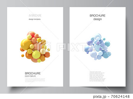 Vector layout of A4 cover mockups templates for brochure, flyer layout, booklet, cover design, book design, brochure cover. Realistic vector background with multicolored 3d spheres, bubbles, balls. 70624148