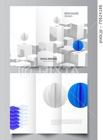 Vector layouts of covers design templates for trifold brochure, flyer layout, brochure cover, advertising. 3d render vector composition with dynamic realistic geometric blue shapes in motion. 70624186