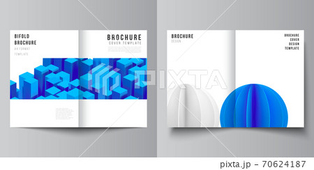 Vector layout of two A4 cover mockups templates for bifold brochure, flyer, magazine, cover design, book design. 3d render vector composition with dynamic realistic geometric blue shapes in motion. 70624187