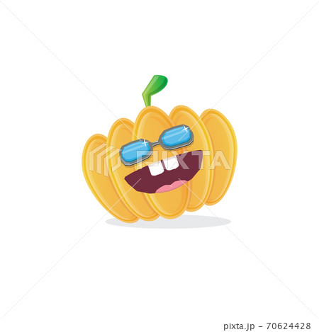 vector funny cartoon pumpkin character with sunglasses isolated on white background. funky smiling autumn vegetable character. Halloween cartoon smiling pumpkin 70624428