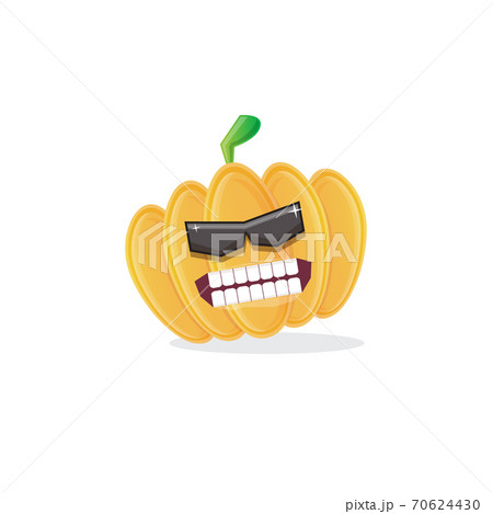 vector funny cartoon pumpkin character with sunglasses isolated on white background. funky smiling autumn vegetable character. Halloween cartoon smiling pumpkin 70624430