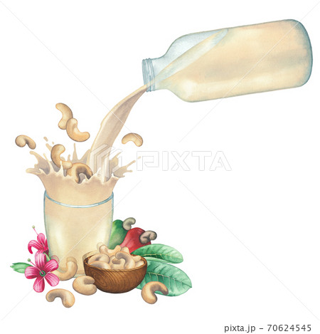 Watercolor plant based milk pouring out from the glass bottle into the cup with a splash of cashew nuts. 70624545