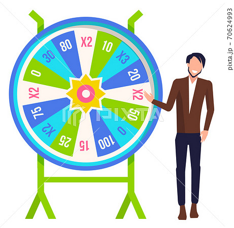 Game fortune wheel concept. Man playing risk game with fortune wheel and lottery, gambling template Game fortune wheel concept. Man playing risk game with fortune wheel and lottery, gambling template 70624993