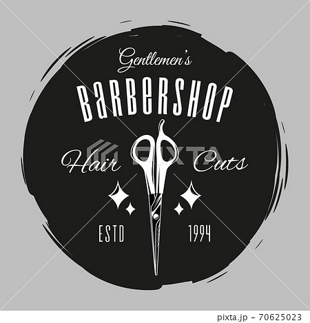 Barber scissors, Gentlemen s Barber shop. Shaving or haircutting tools, black circle. Flat logo Barber scissors, Gentlemen s Barber shop. Shaving or haircutting tools, black circle. Flat logo 70625023