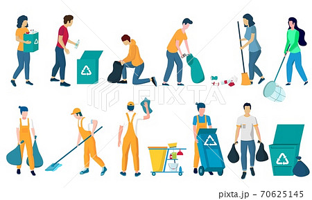 Cleaning company staff, flat vector isolated illustration. Floor and window cleaning, dusting, garbage collection. Cleaning company staff, flat vector isolated illustration. Floor and window cleaning, dusting, garbage collection. 70625145