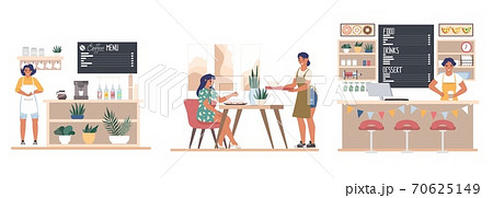 Cafe or bar scene set with staff and visitors, flat vector isolated illustration. Modern restaurant interior with people 70625149