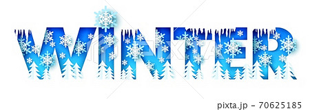 Winter word with paper cut trees, icicles, snowflakes, vector illustration. Winter season typography banner template. Winter word with paper cut trees, icicles, snowflakes, vector illustration. Winter season typography banner template. 70625185