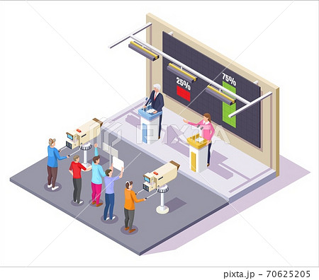 Presidential candidates debate in TV show studio. Political debate and democracy concept vector illustration in isometric style. Election poll results 70625205