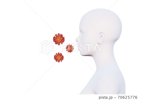 minimal female head and virus cells, cough, side view, spread virus infection concept, place for text, 3d render 70625776