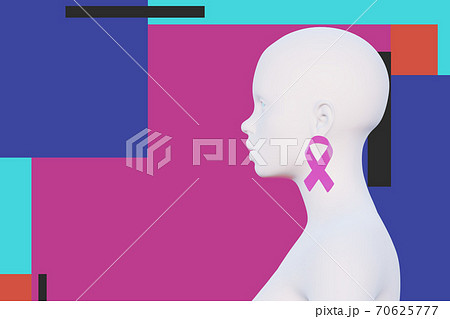 minimal female bald head isolated on white, pink ribbon earrings, side view, breast cancer awareness concept, place for text, 3d render 70625777