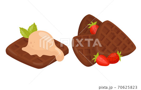 Shaped Waffle with Textured Surface and Ice Cream on Top Vector Set 70625823