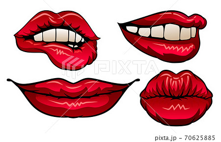Red Upper and Lower Lips Closed and Showing Teeth in Smile Vector Set 70625885