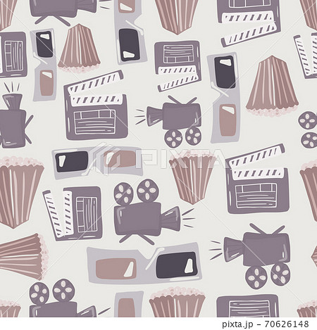 Seamless pale movie pattern with popcorn, camera, 3d glasses and clapperboard ornament. Purple and orange soft tones palette. 70626148