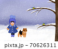 Winter Illustration a Little Girl with Dog and Birds 70626311