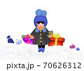 Little cute girl with titmouses and gifts 70626312