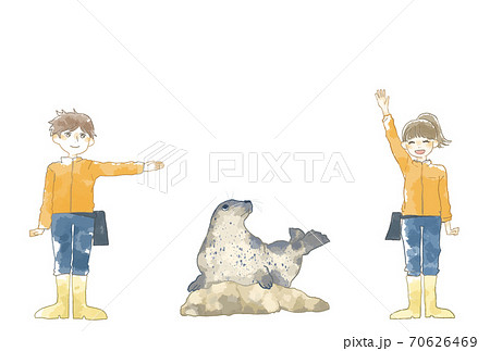 優しいタッチの水族館の飼育員さんとあざらしのイラストのイラスト素材