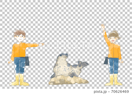 Illustration of aquarium keeper and seal with a gentle touch Illustration of aquarium keeper and seal with a gentle touch 70626469