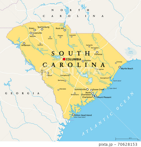 South Carolina, SC, political map, with the capital Columbia, largest cities and borders. State in the southeastern region of the United States of America. The Palmetto State.  Illustration. Vector. 70628153