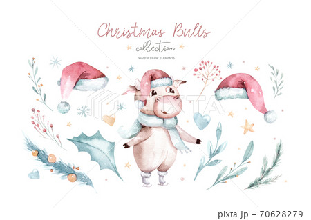 Watercolor cartoon illustration. Symbol of the year 2021. Funny and cute Bull. Christmas illustration. 70628279