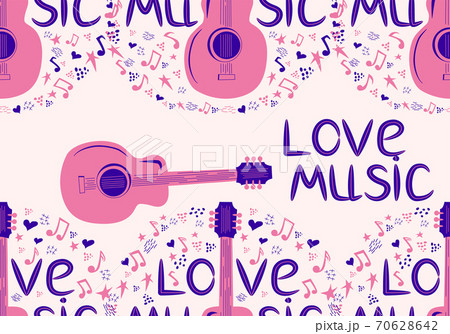 Colourful sketch drawing doodle seamless pattern of music culture with country guitar and text phrase Love Music 70628642