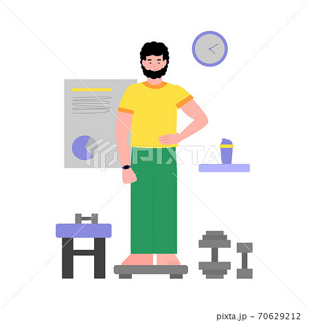 Man on weight scales among fitness supplies, flat vector illustration isolated. Man on weight scales among fitness supplies, flat vector illustration isolated. 70629212