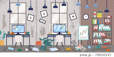 Dirty office with scattered things in disorder, flat vector illustration. 70630345