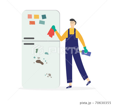 Cleaning service worker washing dirty fridge flat vector illustration isolated. Cleaning service worker washing dirty fridge flat vector illustration isolated. 70630355