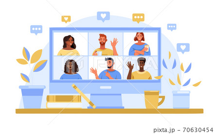 Group video call concept with computer screen, diverse people avatars, home workplace 70630454