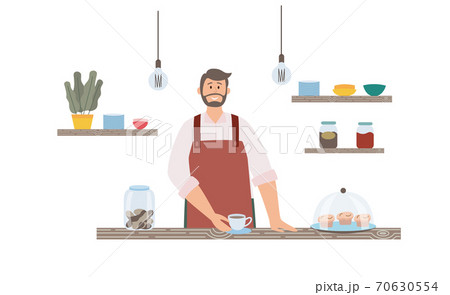 Flat vector illustration of male barista at the counter with a cup of coffee Flat vector illustration of male barista at the counter with a cup of coffee 70630554
