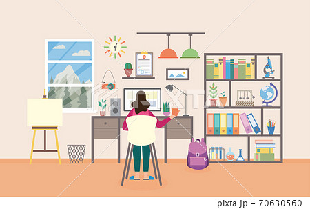 Woman Studying And Working From Home Workplace のイラスト素材