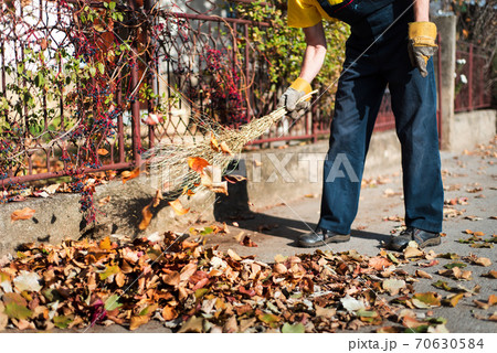 Man brooming the street to collect fallen leaves Man brooming the street to collect fallen leaves 70630584