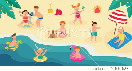 Children on summer vacation swimming in sea and playing on sand 70630623