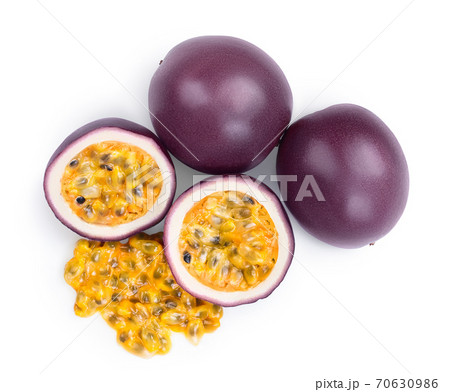 passion fruits and half isolated on white background. maracuya with clipping path. Top view. Flat lay passion fruits and half isolated on white background. maracuya with clipping path. Top view. Flat lay 70630986