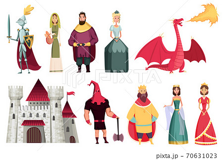 Medieval kingdom characters of middle ages historic period vector Illustrations. Peoples set. Kings queens knight jester castle fortress and dragon Medieval kingdom characters of middle ages historic period vector Illustrations. Peoples set. Kings queens knight jester castle fortress and dragon 70631023