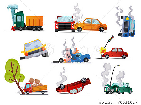 Accidents on road cars damaged. Road accident icons set with car crash symbols flat isolated. Damaged vehicle insurance. Damaged autos. Need repair service or not recoverable 70631027