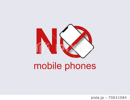 Banned mobile phone banner. No use electronic gadgets rule smartphone in circle crossed out with red line. 70631084
